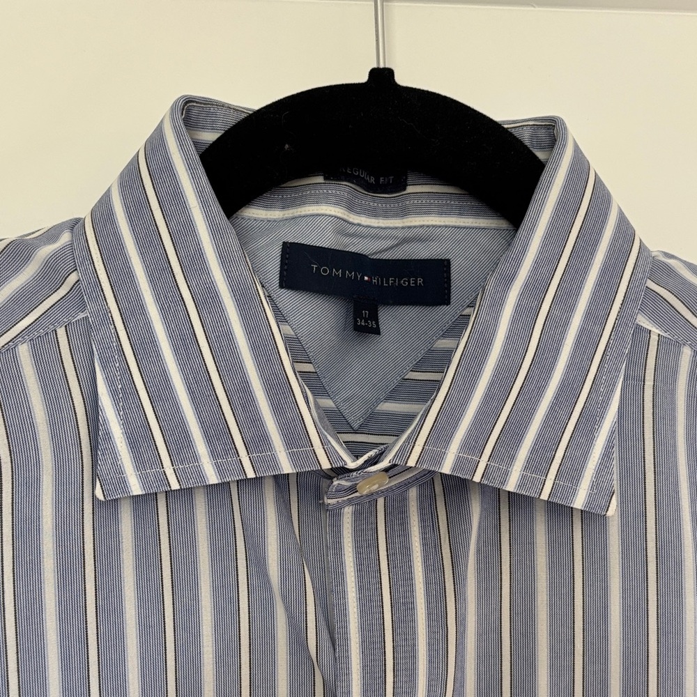Tommy Hilfiger Blue and White Striped Men's Dress Shirt size 17 33/35